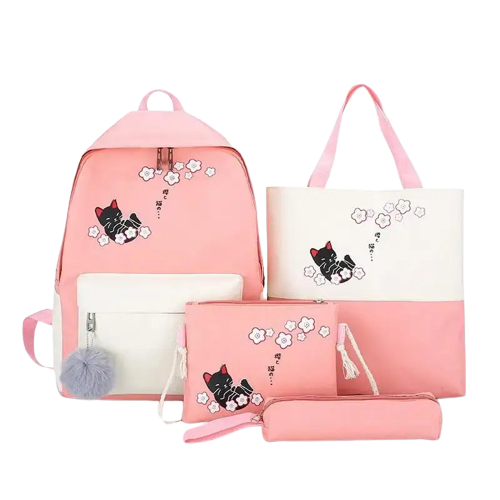 Ensemble Chat Scolaire: Chic Avec Sac à Bandoulière Et Accessoires - Rose Transparent Background