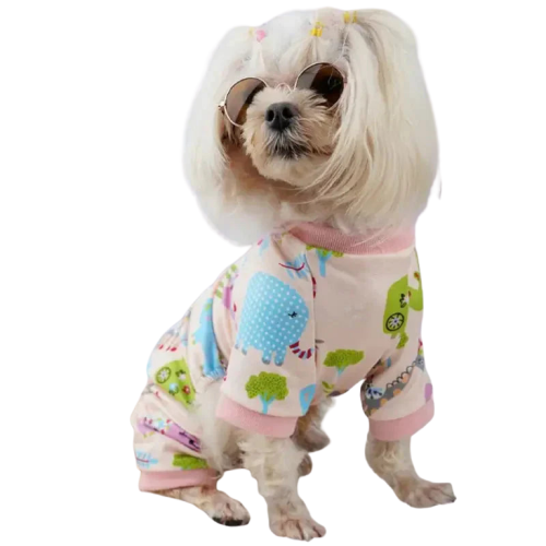 Petit chien portant un pyjama hibou rose - Pyjama en coton pour animaux, grenouillère pour chiens - Compagnie Barboteuses Transparent Background