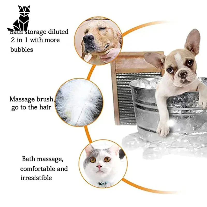 Un chat et un chien se regardant pendant qu’ils utilisent la brosse de bain relaxante pour chiens - un massage et un nettoyage efficaces