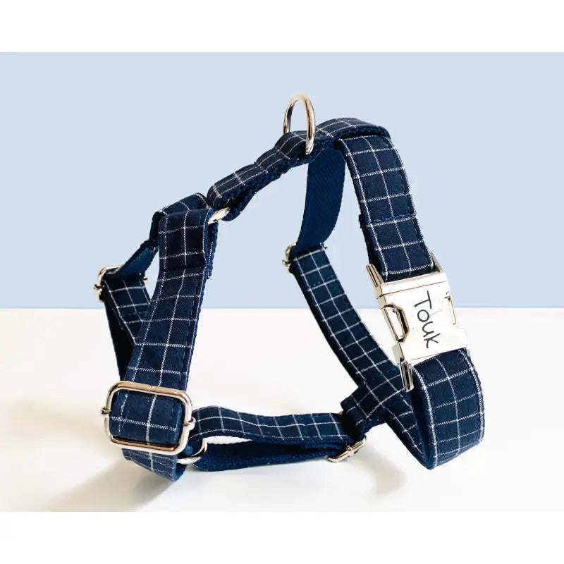 Harnais Chien Personnalisé Coton Carreaux Bleu Marine