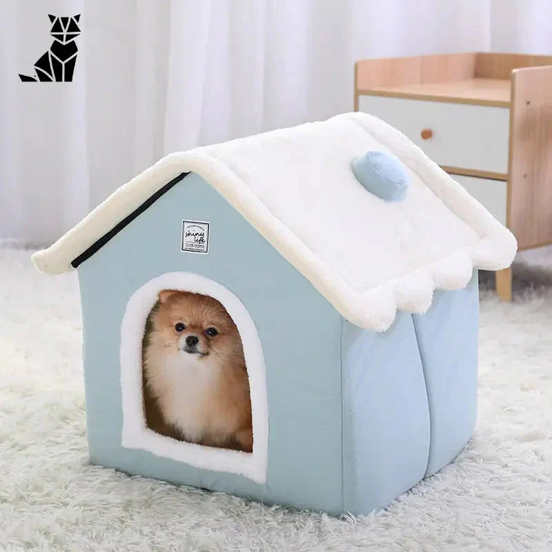 Niche pour chien en velours - Espace privé pour chiens, chats et lapins, petit chenil avec toit blanc et bleu